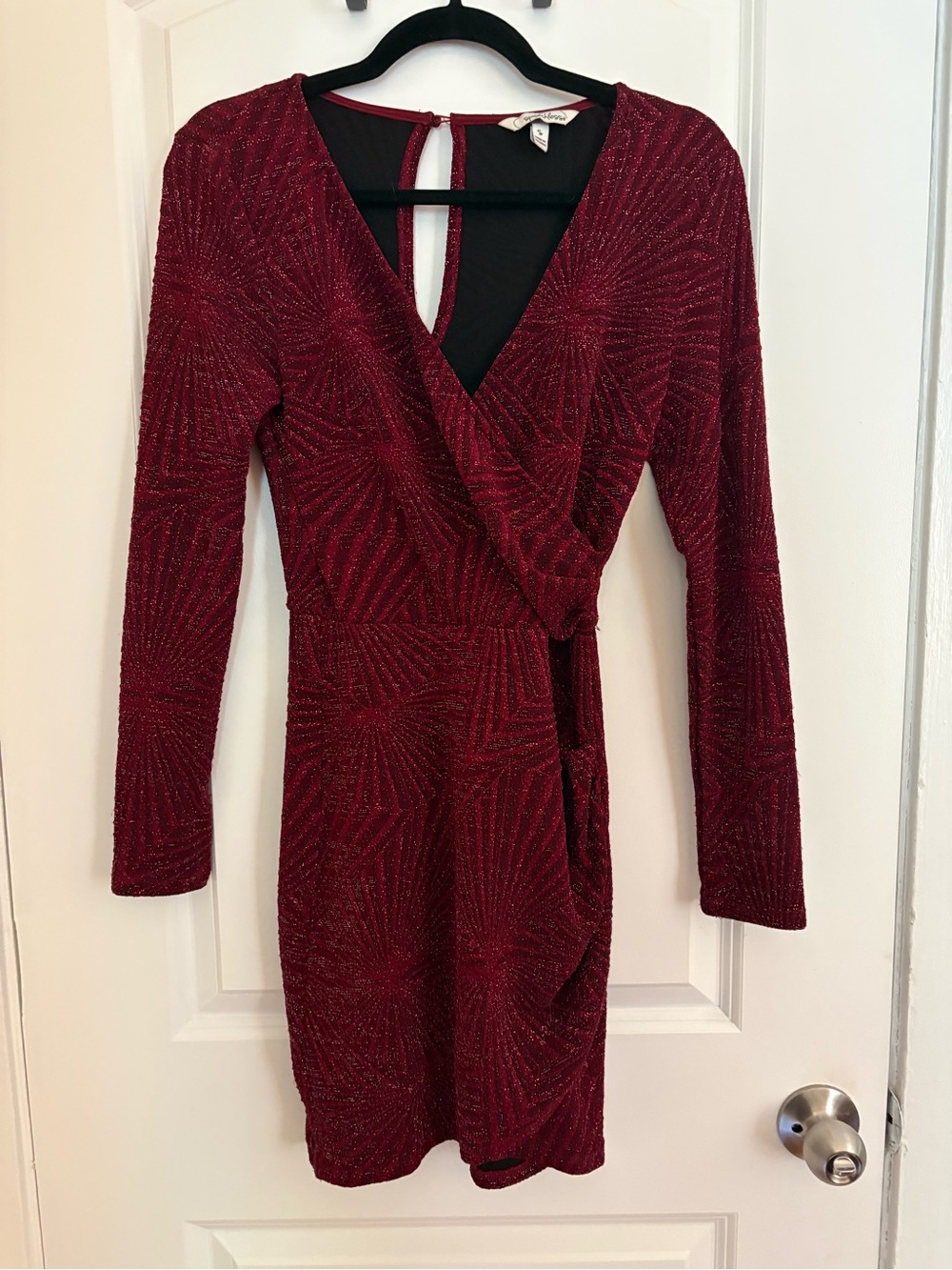 Speechless Burgundy Sparkle Wrap-Style Long Sleeve Dress
